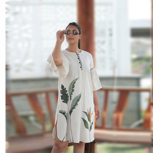 Boho Leaves Linen Balloon Sleeve Dress