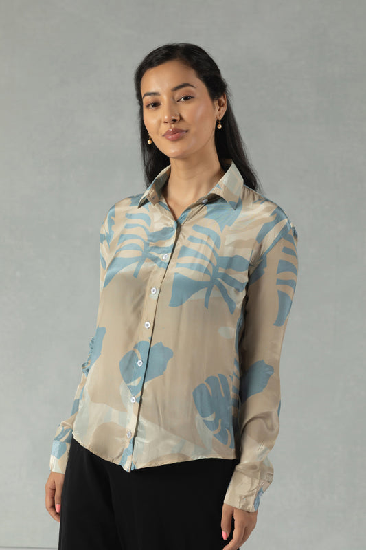 Grey Crepe Shirt with Subtle Botanical Accents