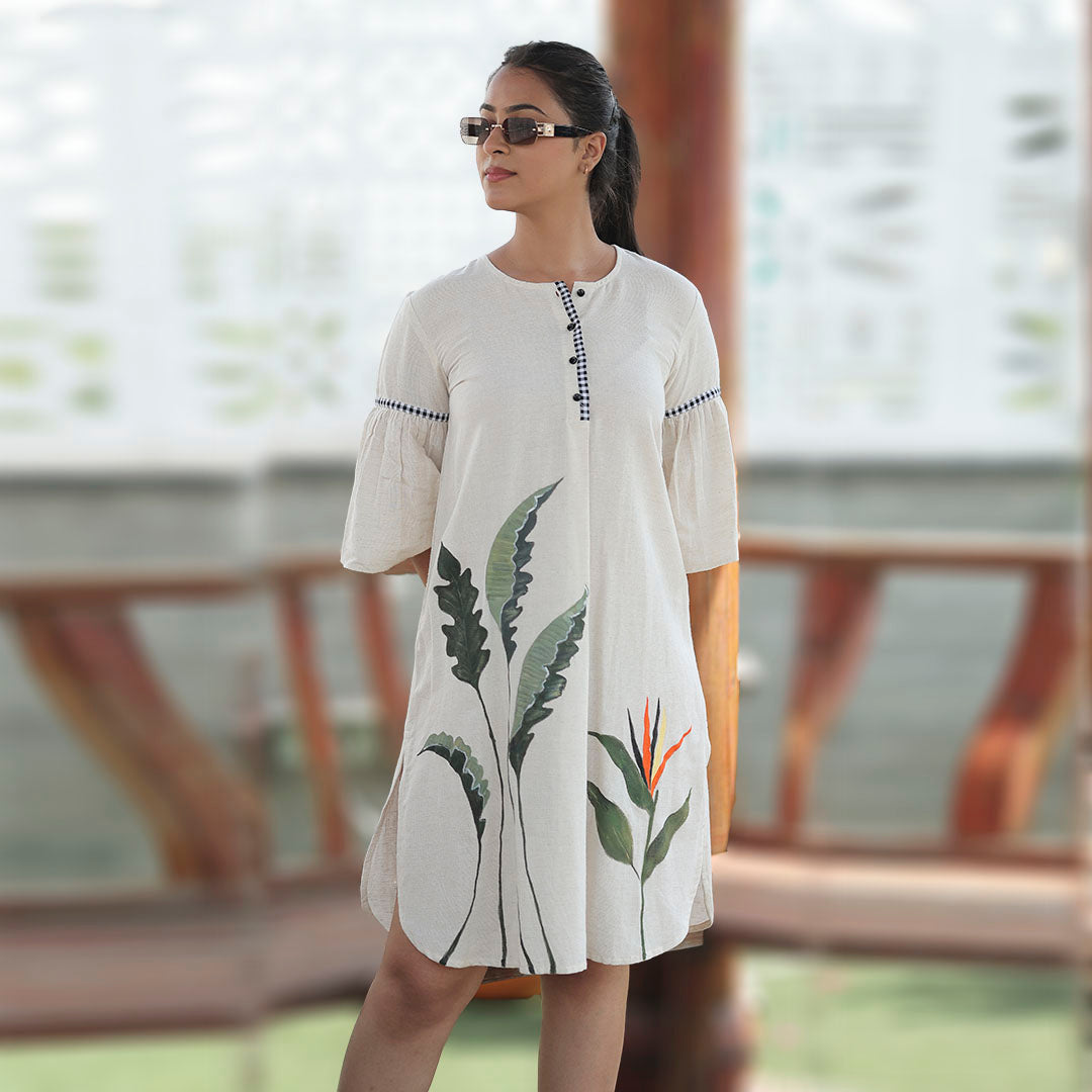 Boho Leaves Linen Balloon Sleeve Dress
