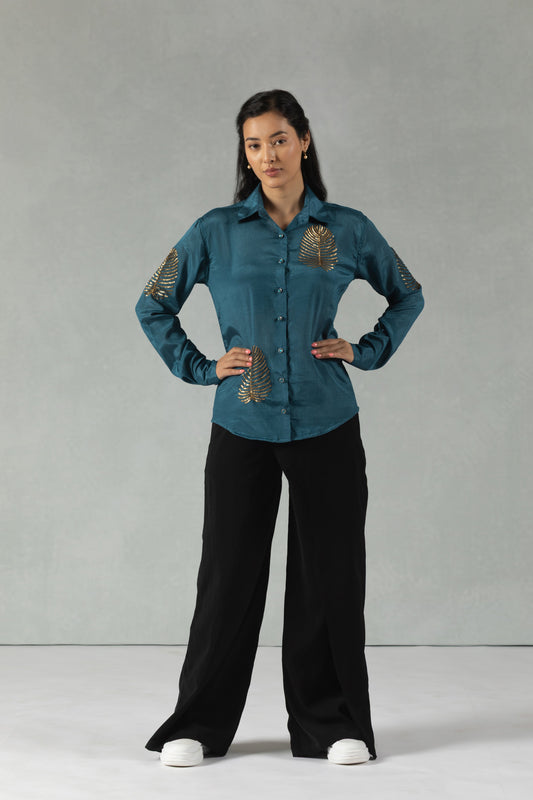 Teal Muslin Shirt with Handcrafted Floral Embroidery
