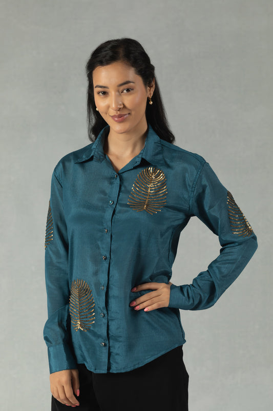 Teal Muslin Shirt with Handcrafted Floral Embroidery