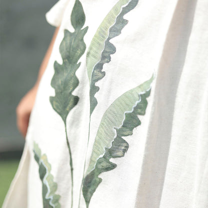 Boho Leaves Linen Balloon Sleeve Dress