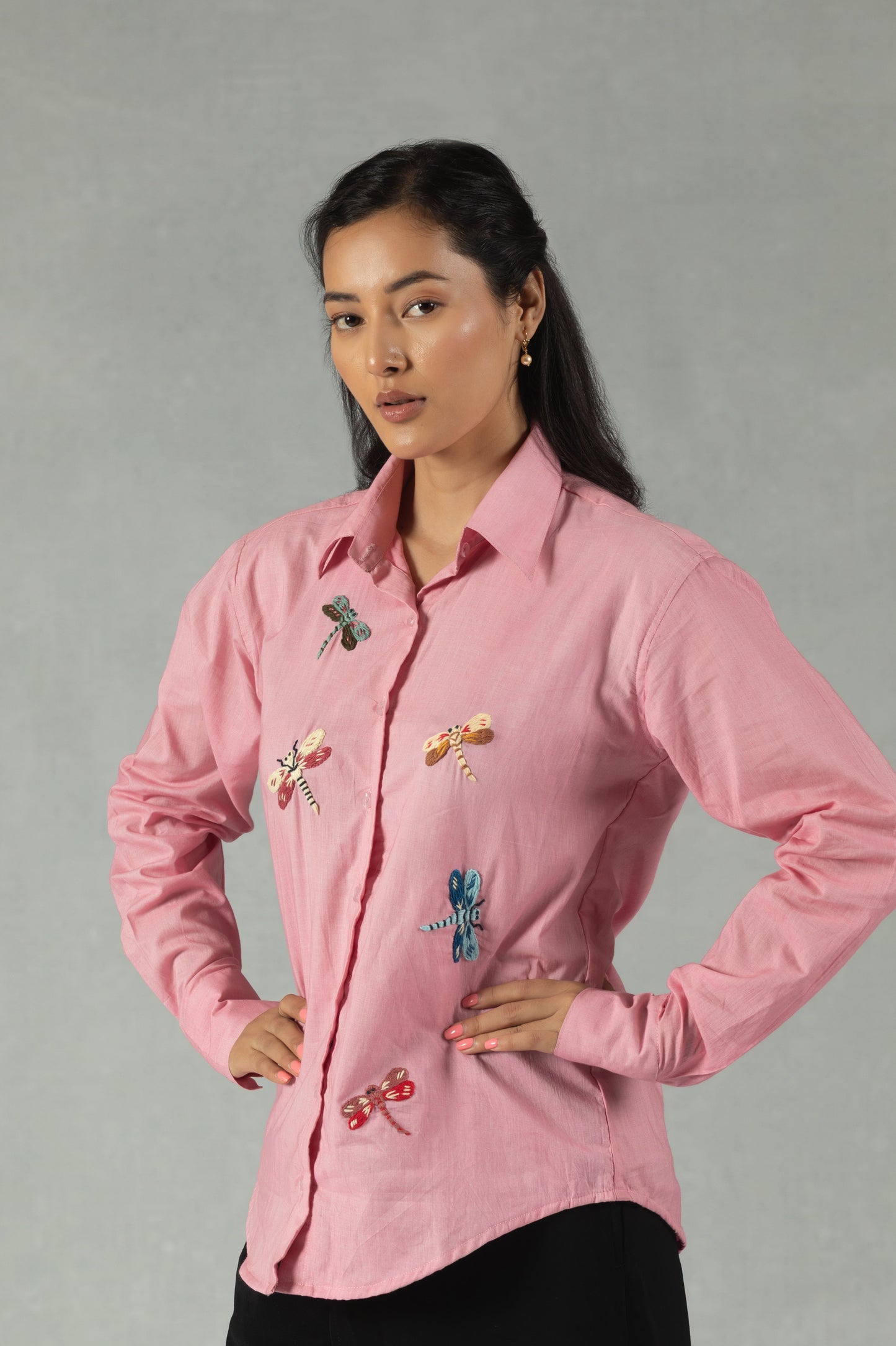 Pink Cotton Shirt with Hand Embroidered Dragonfly Motif