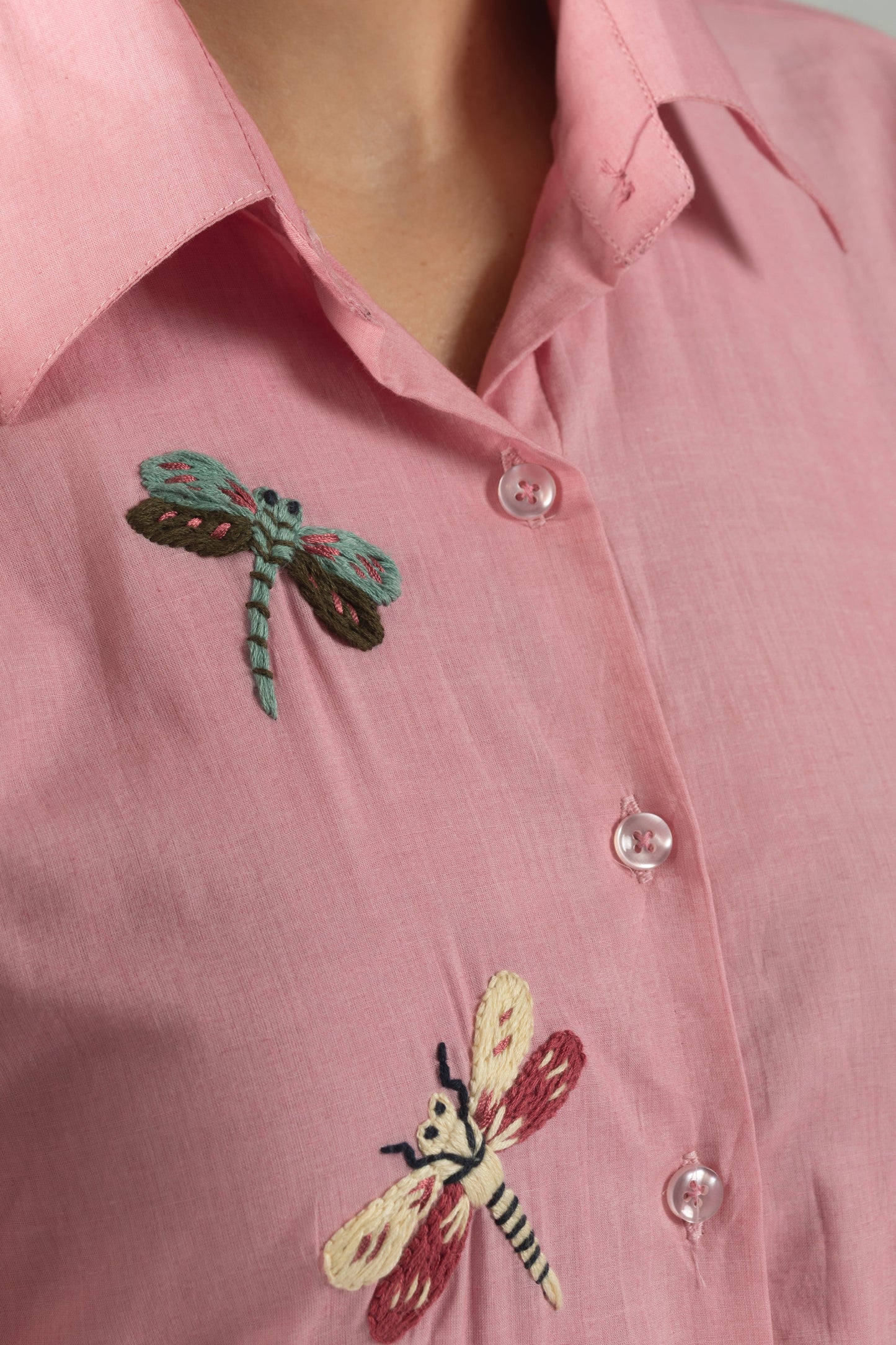 Pink Cotton Shirt with Hand Embroidered Dragonfly Motif