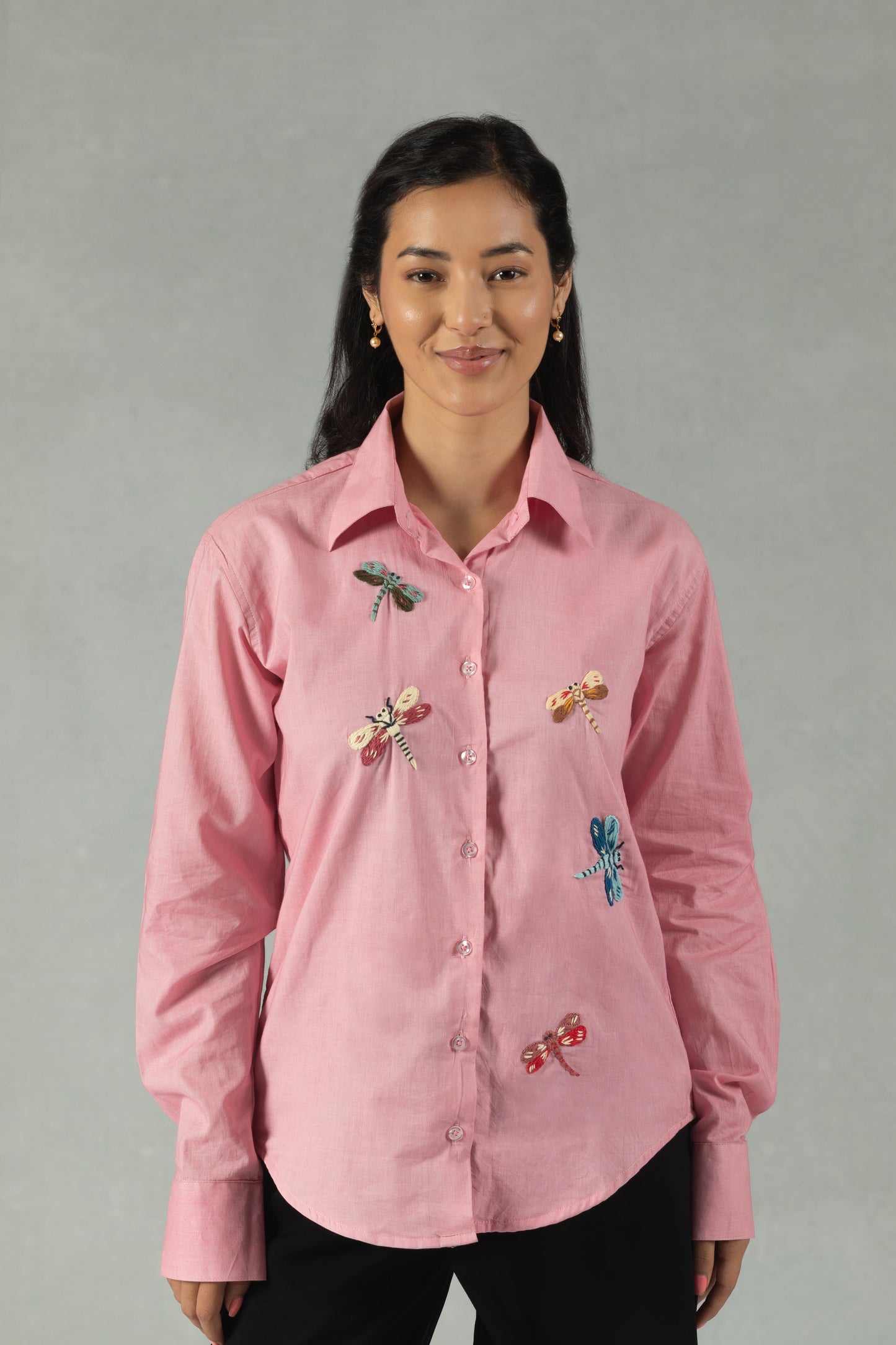 Pink Cotton Shirt with Hand Embroidered Dragonfly Motif