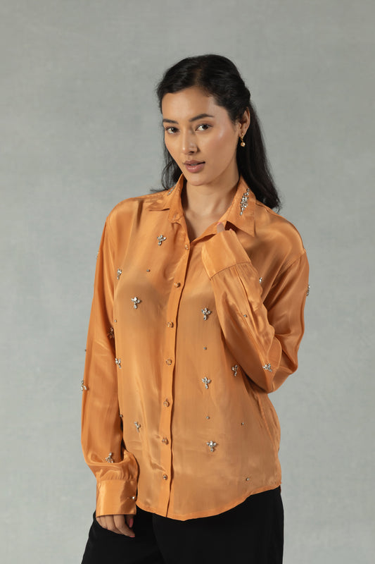 Orange Crepe Shirt with Minimal Handwork Detailing