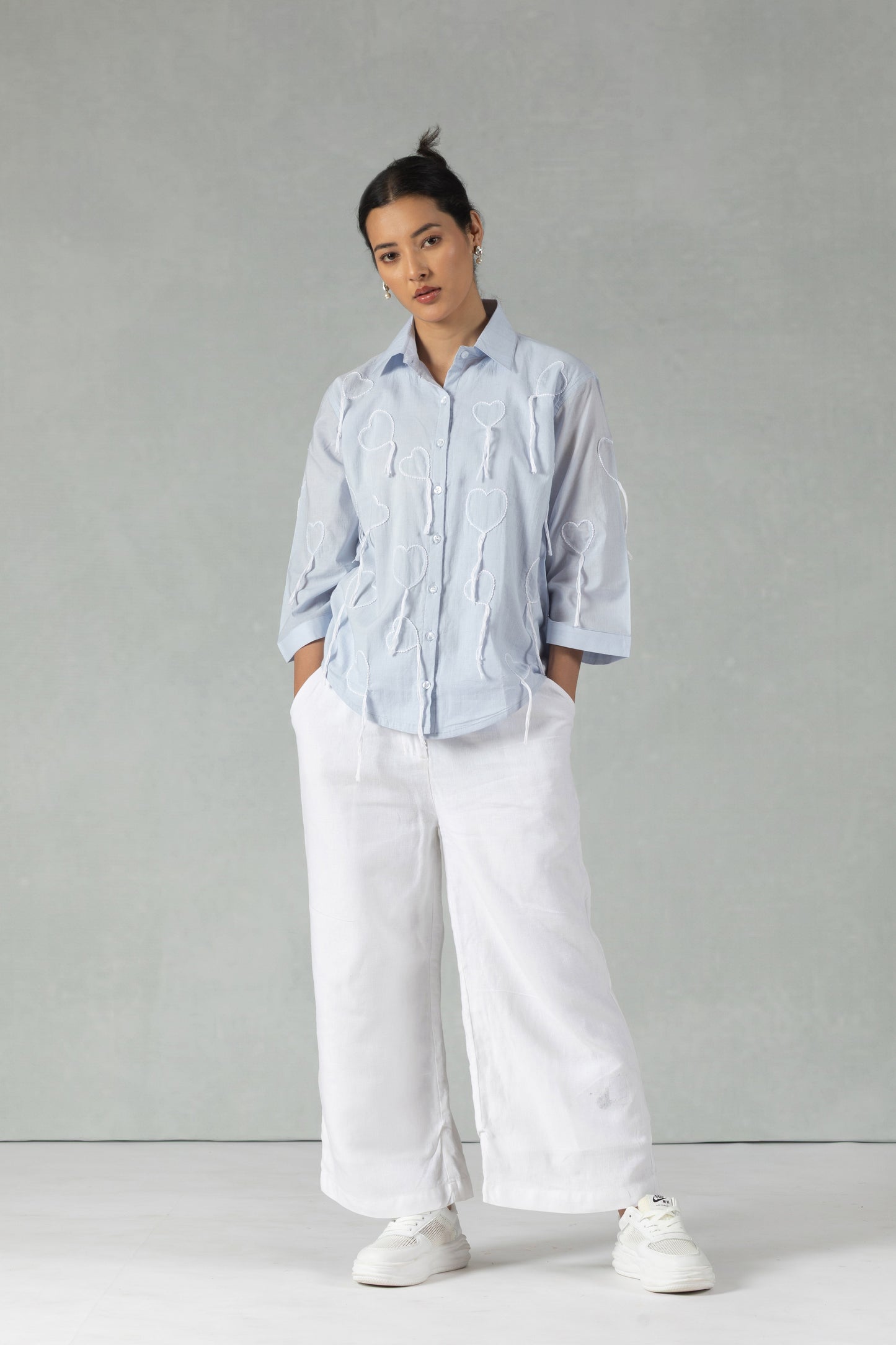 Blue Cotton Shirt with Hand Embroidered Heart Detail