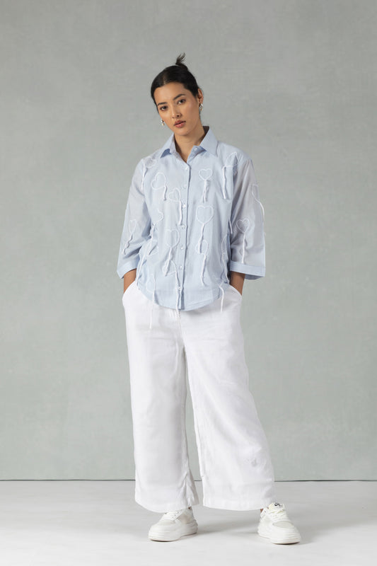 Blue Cotton Shirt with Hand Embroidered Heart Detail