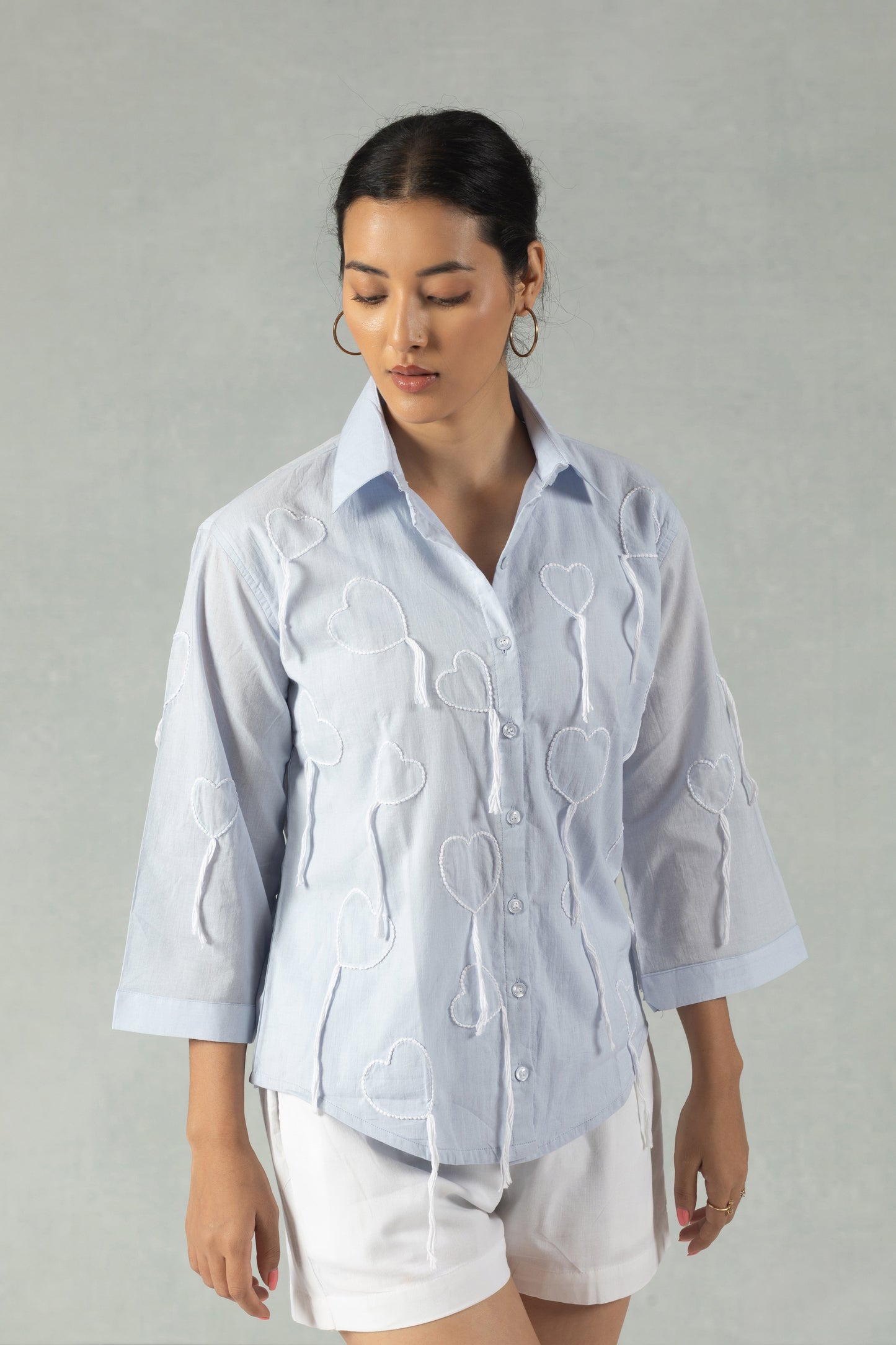 Blue Cotton Shirt with Hand Embroidered Heart Detail