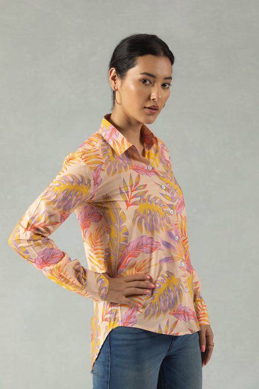 Orange Cotton Shirt with Retro Bloom Print