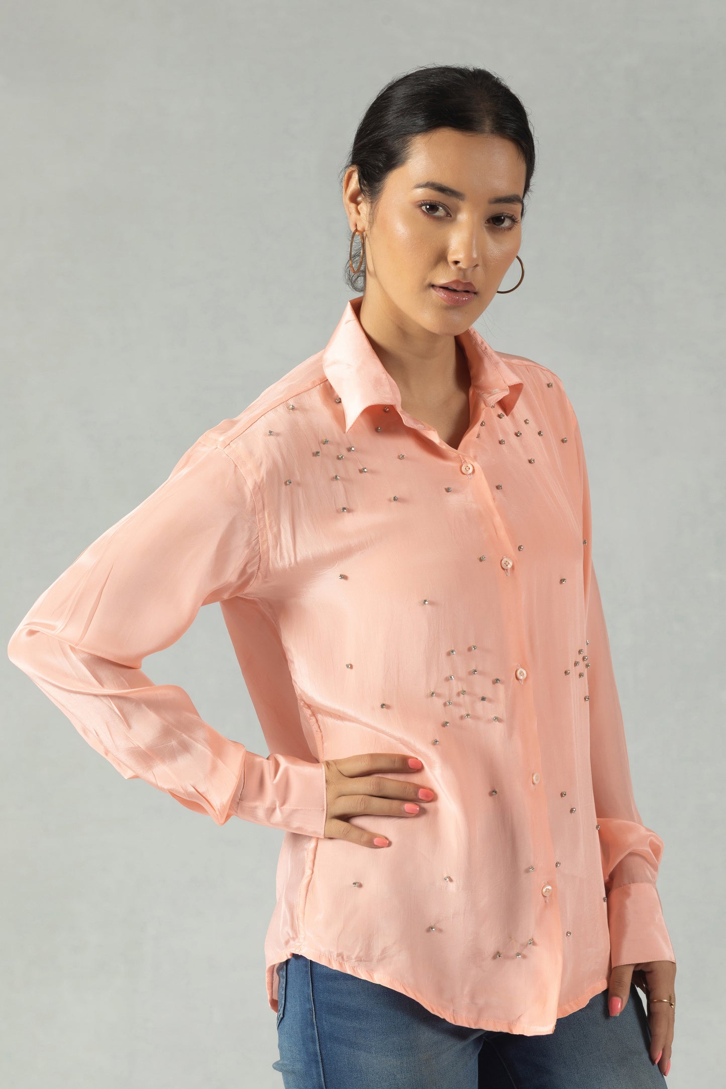 Peach Crepe Shirt with Handwork Accents