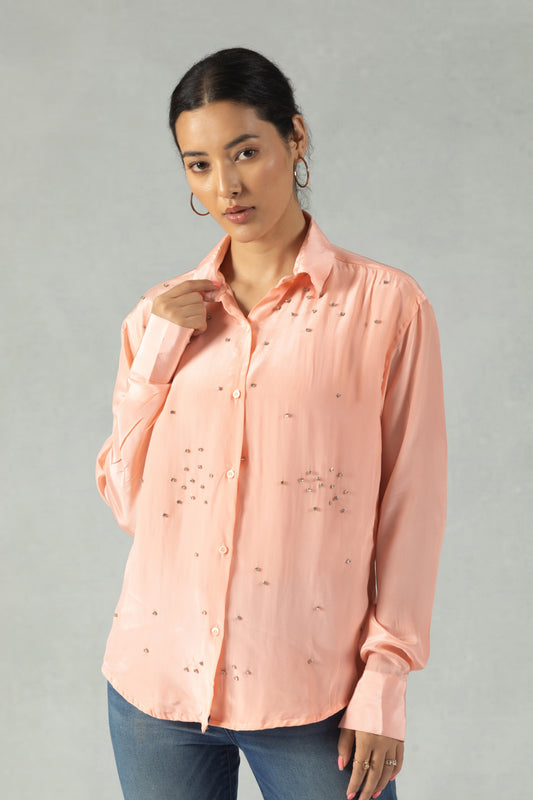 Peach Crepe Shirt with Handwork Accents