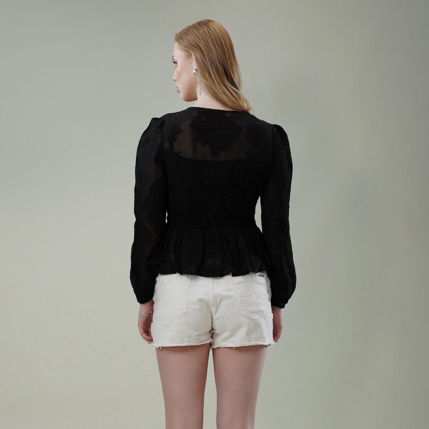 Black Floral Textured Georgette Peplum Top