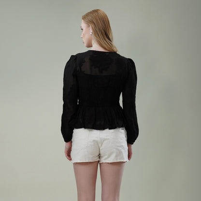 Black Floral Textured Georgette Peplum Top