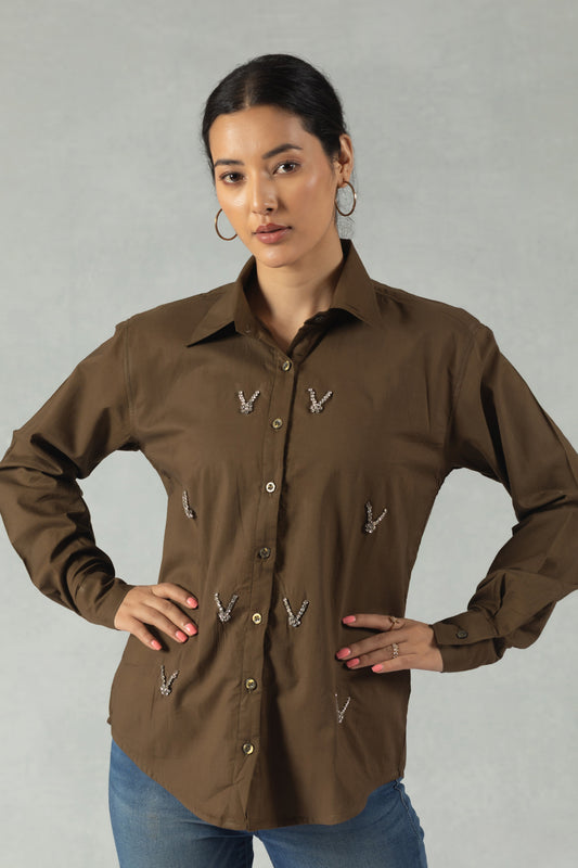 Brown Cotton Shirt with Subtle Handcrafted Touches