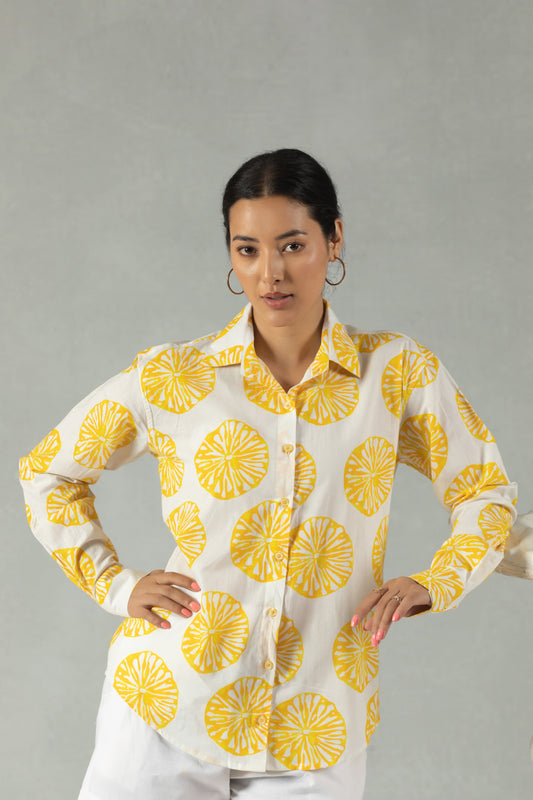 Yellow Cotton Shirt with Sunny Citrus Print
