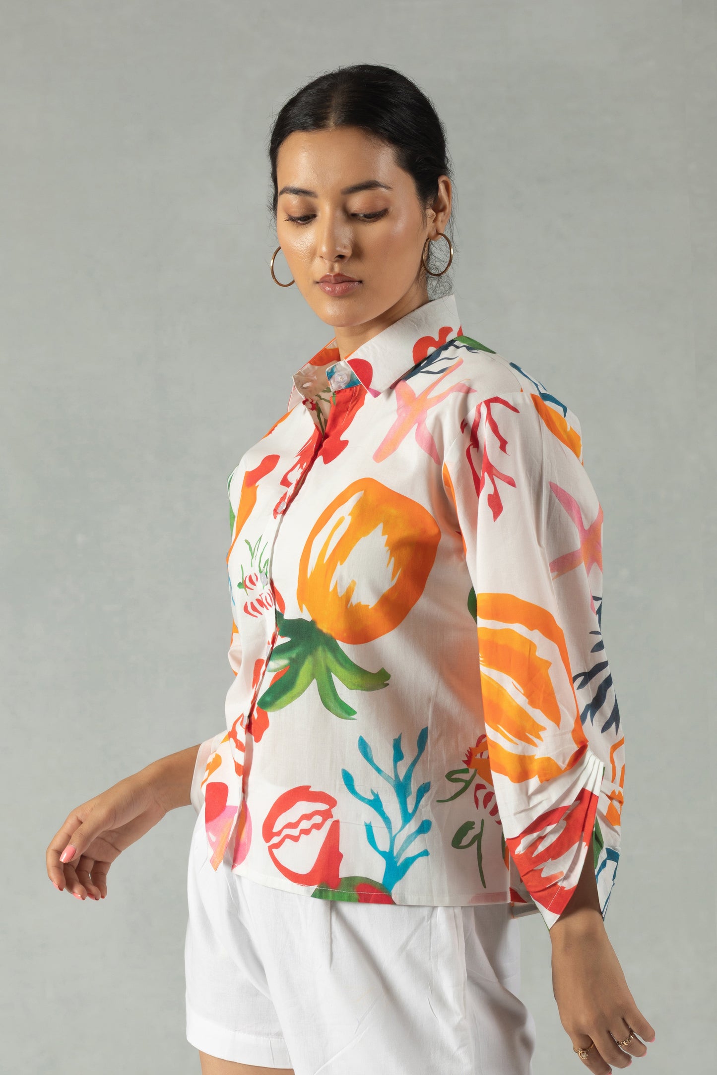 White Cotton Shirt with Vibrant Graphic Motifs