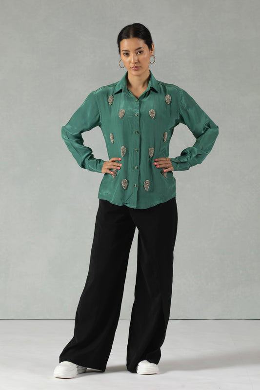 Green Crepe Shirt with Handcrafted Motifs