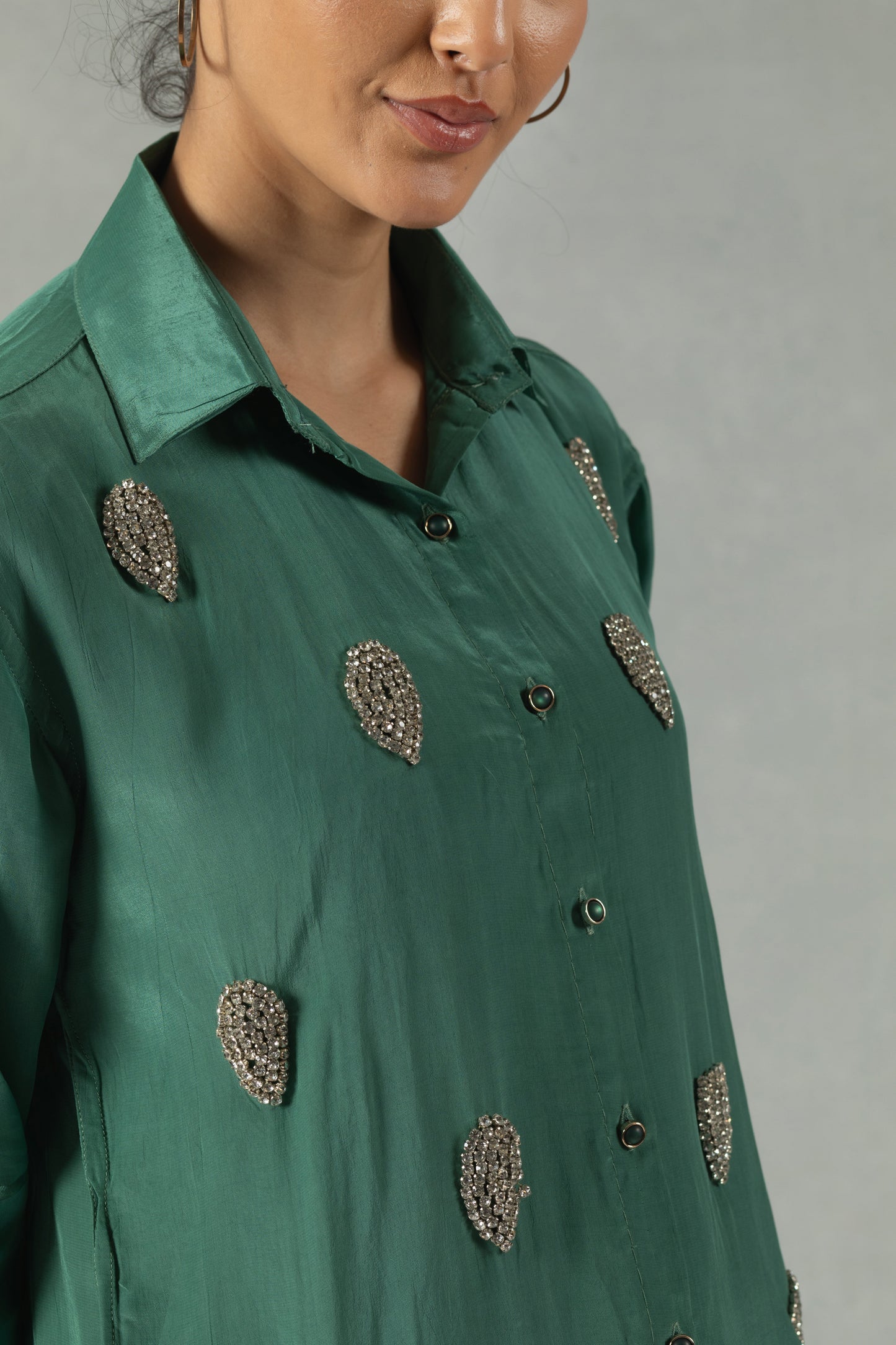 Green Crepe Shirt with Handcrafted Motifs