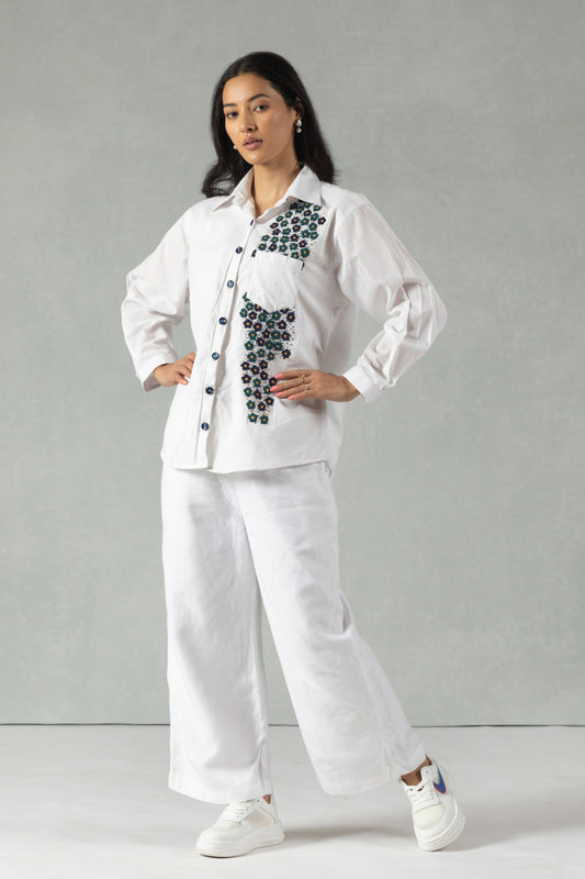 White Cotton Shirt with Monochrome Hand Embroidery