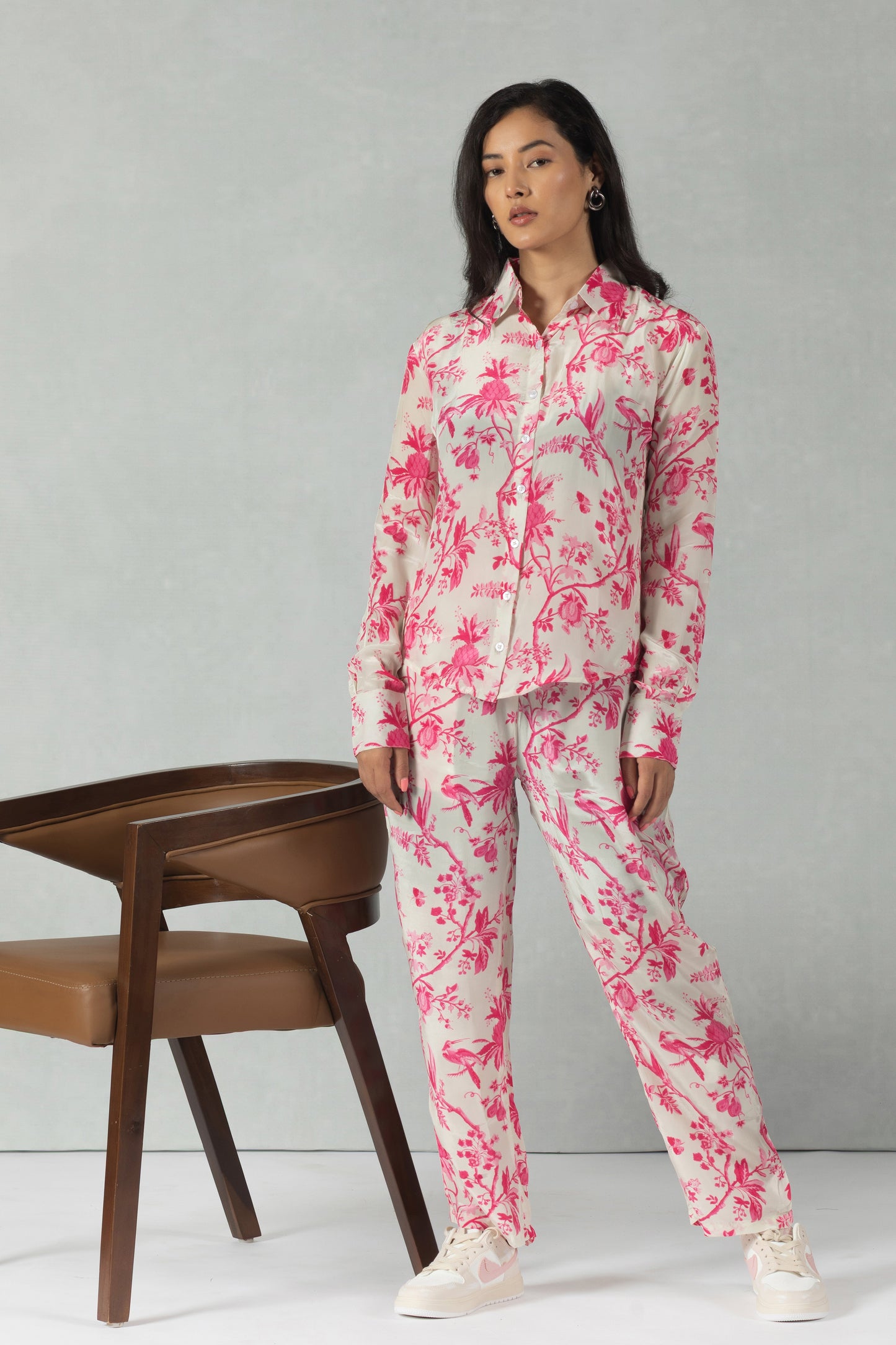 Pink Full Sleeves Floral Crepe Co-Ord Set