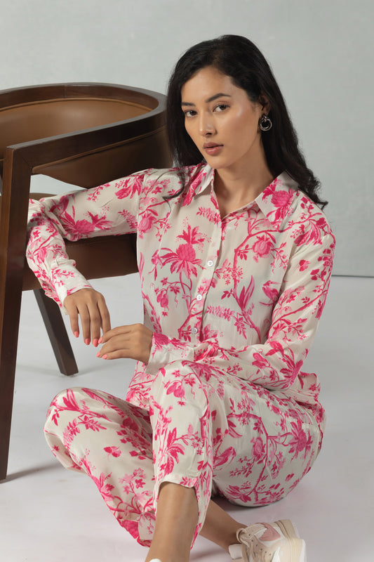 Pink Full Sleeves Floral Crepe Co-Ord Set