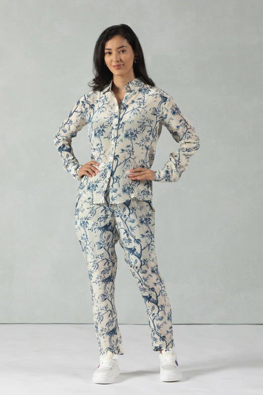Grey Full Sleeves Floral Crepe Co-Ord Set