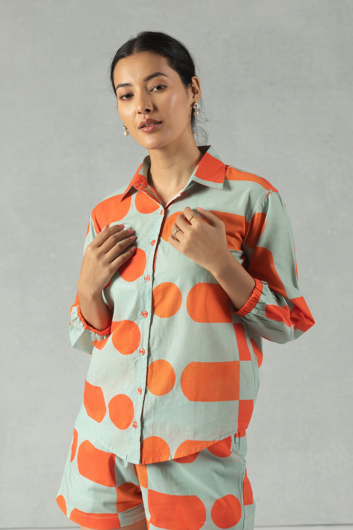 Grey Quarter Sleeves Polka Dot Cotton Co-Ord Set
