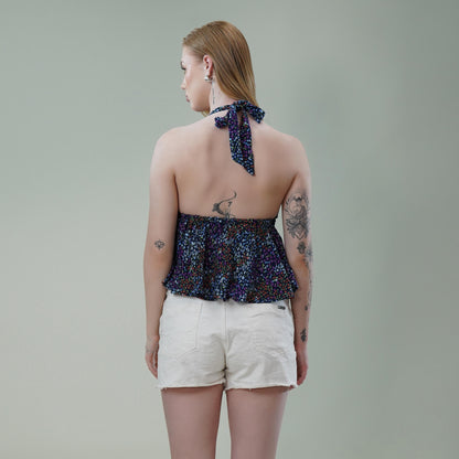 Halter Neck Floral Printed Top with Empire Waist & Tie-Up Back
