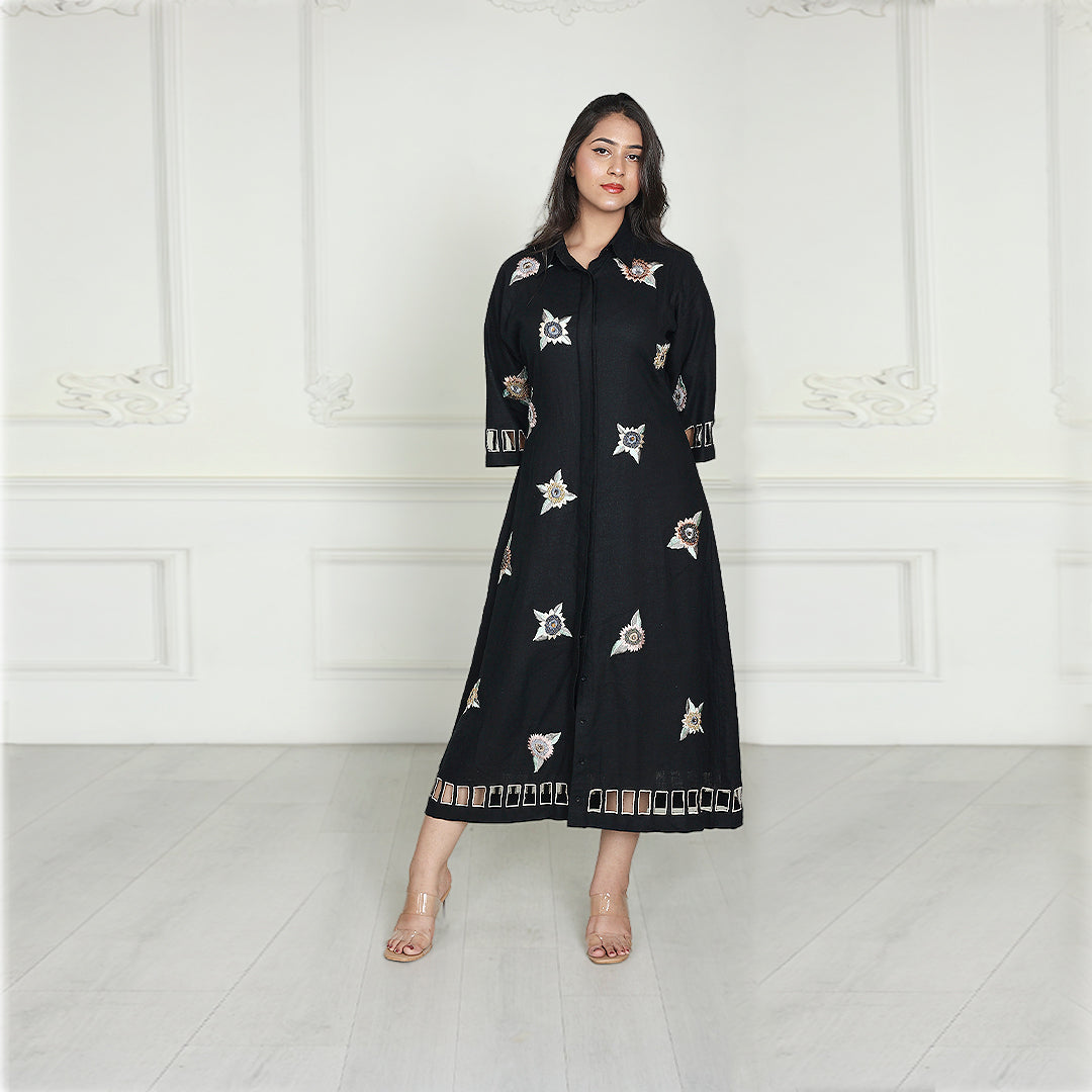 Luxe Nera Bellezza Hand-Embroidered Linen Dress
