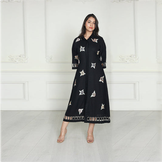 Luxe Nera Bellezza Hand-Embroidered Linen Dress
