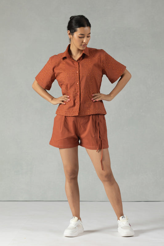 Brown Half Sleeves Solid Cotton Co-Ord Set