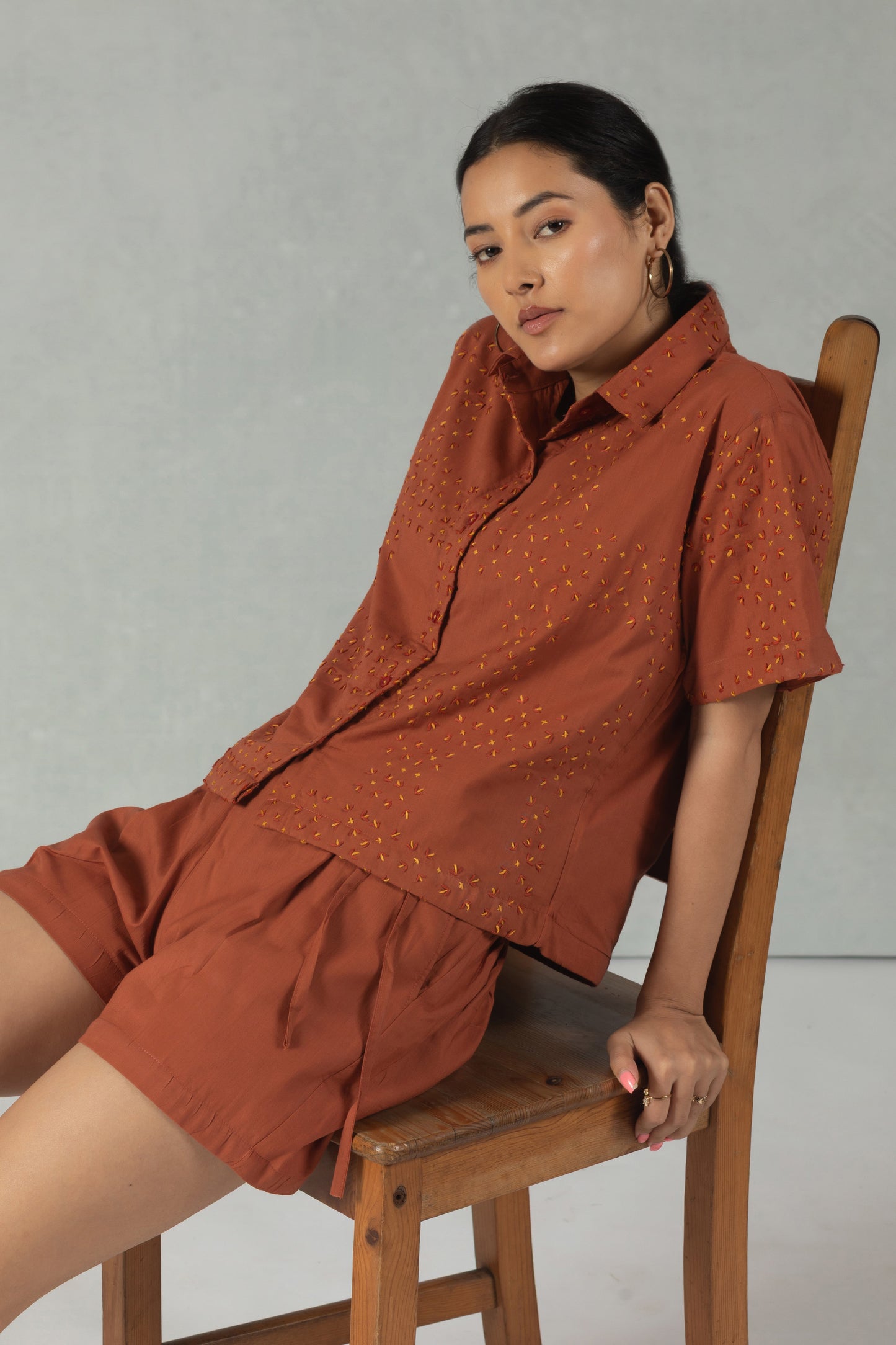 Brown Half Sleeves Solid Cotton Co-Ord Set