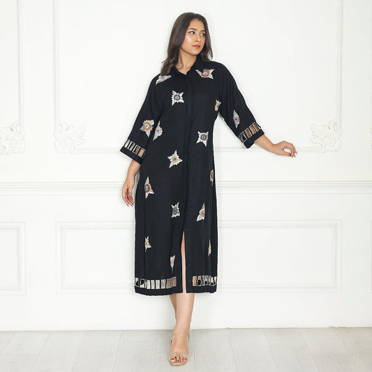 Luxe Nera Bellezza Hand-Embroidered Linen Dress
