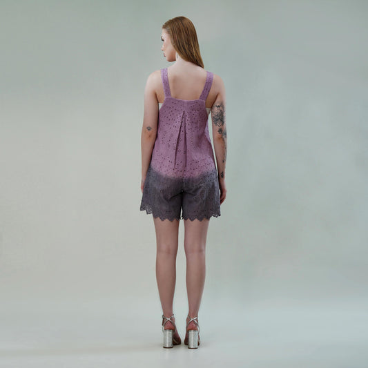 Mauve Cotton Ombre Schiffli Jumpsuit with Scalloped Hem & Buttoned Straps