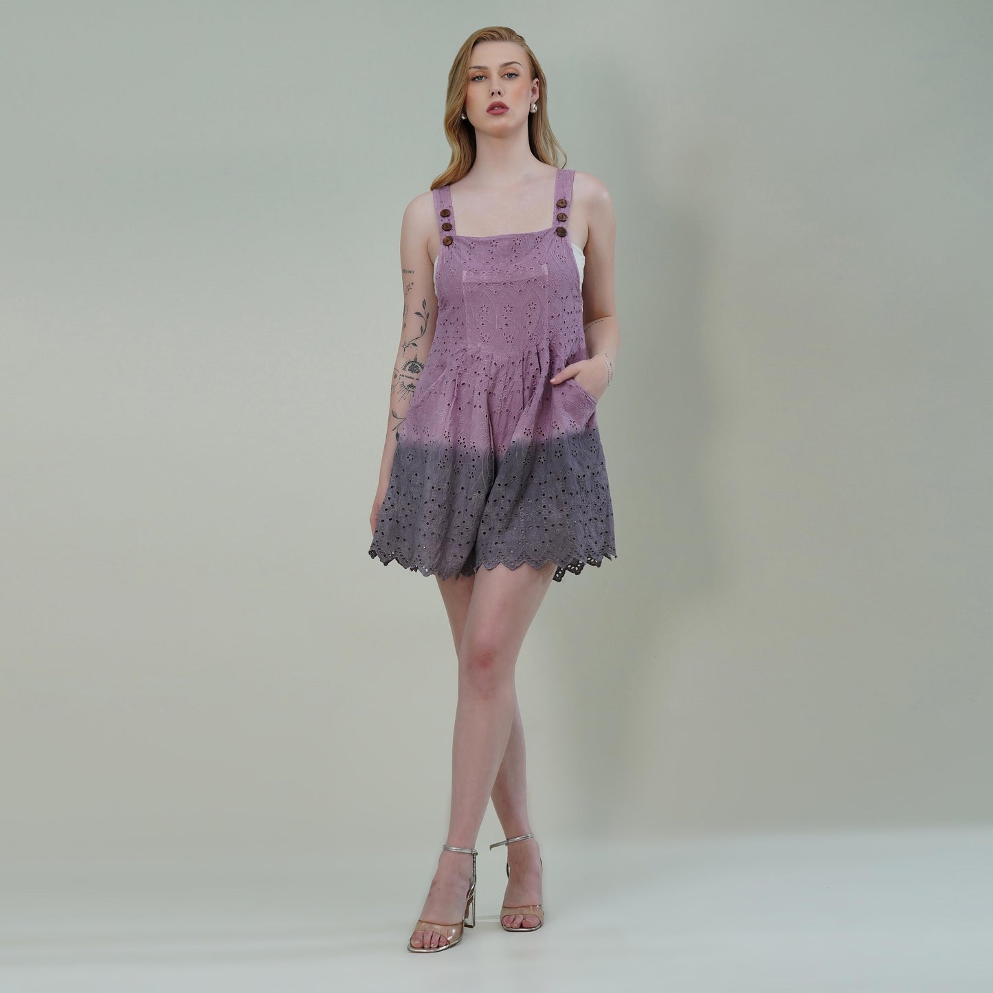Mauve Cotton Ombre Schiffli Jumpsuit with Scalloped Hem & Buttoned Straps