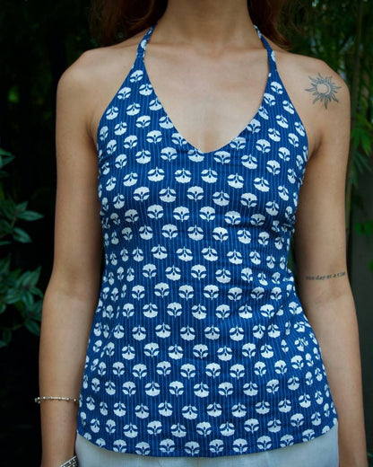 AMIRA BLUE BLOSSOM HALTER NECK TOP