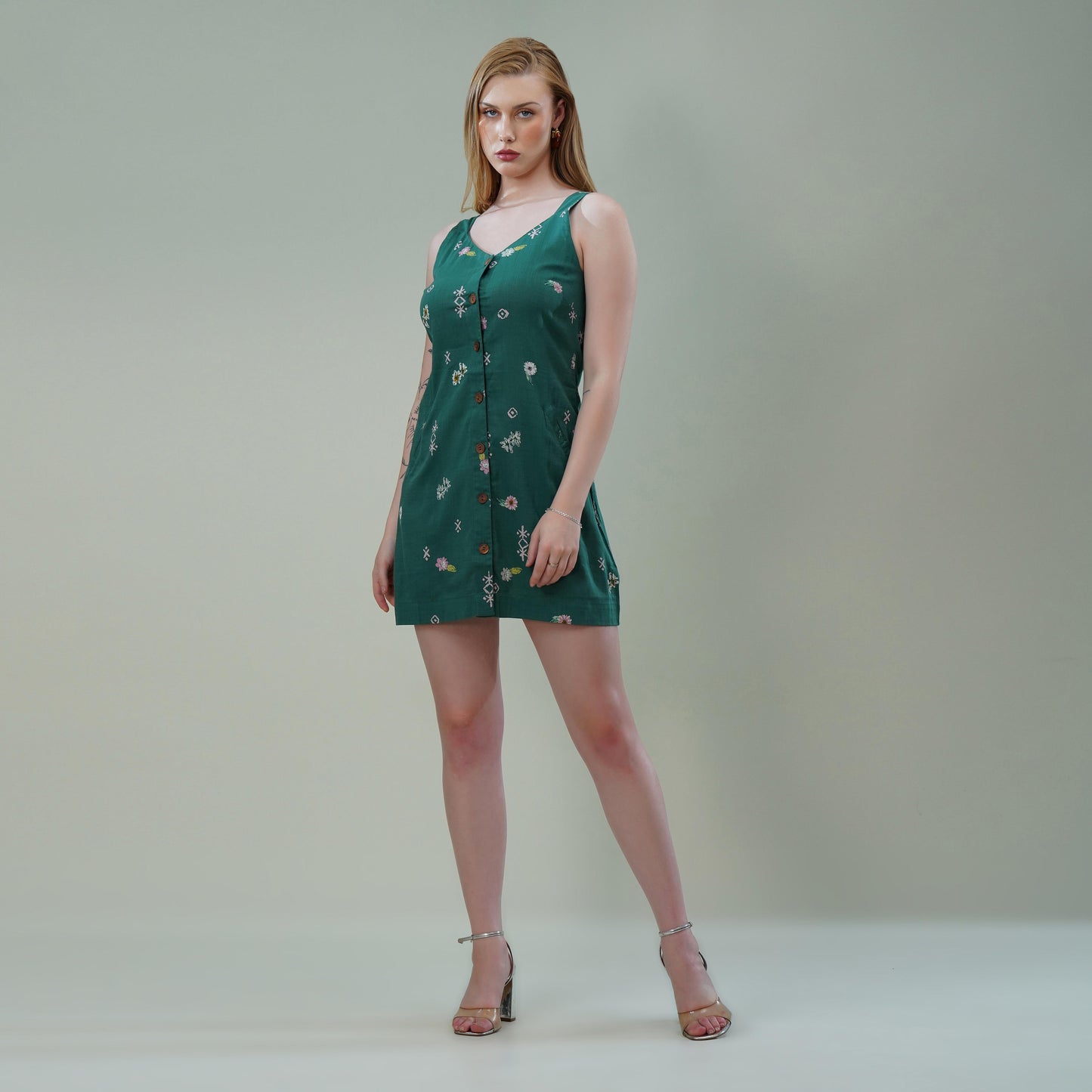 Floral Button-Down Squared V-Neck Dress