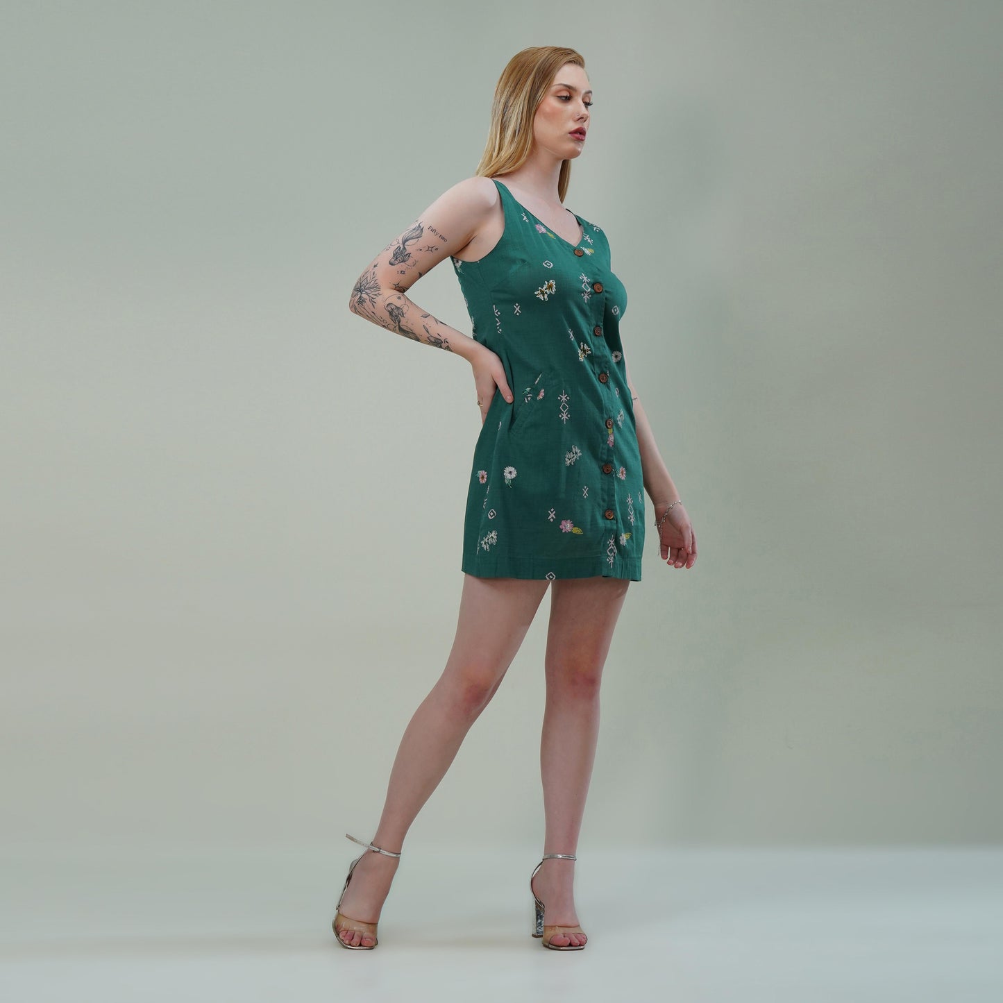 Floral Button-Down Squared V-Neck Dress