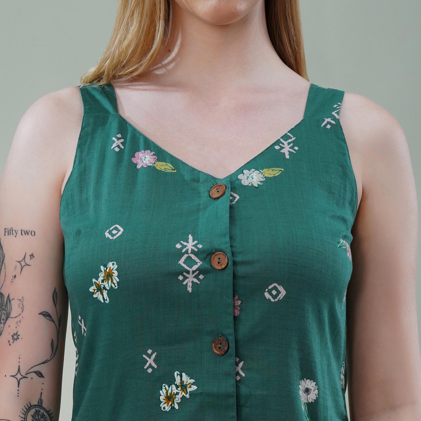 Floral Button-Down Squared V-Neck Dress