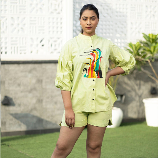Boho Birds Hand-Painted Shirt – Neon Green Edition