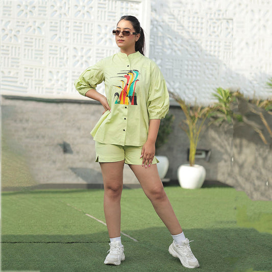 Boho Birds Hand-Painted Shirt – Neon Green Edition