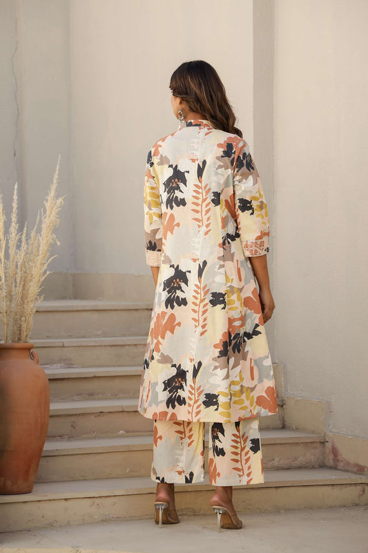 Cotton Flax A-Line Kurta Set with Handcrafted Detailing – Black & Rust Print
