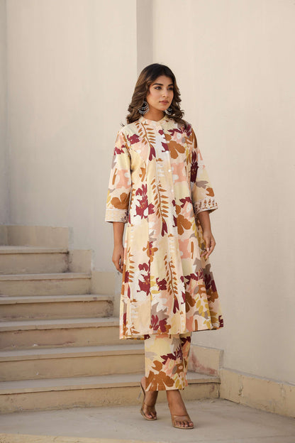 Cotton Flax A-Line Kurta Set with Handcrafted Detailing – Maroon & Mustard Print