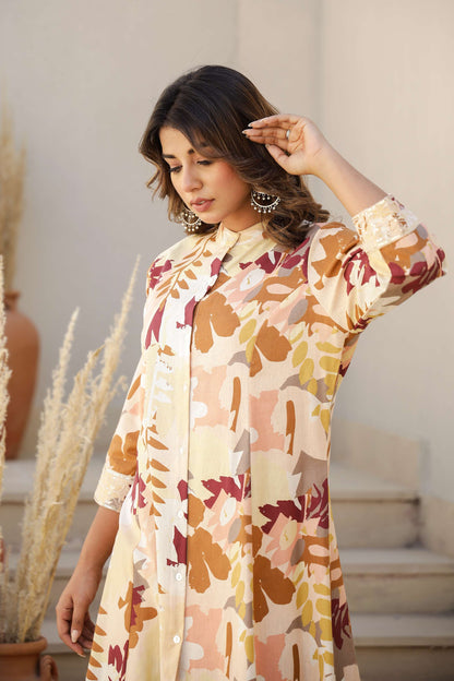 Cotton Flax A-Line Kurta Set with Handcrafted Detailing – Maroon & Mustard Print