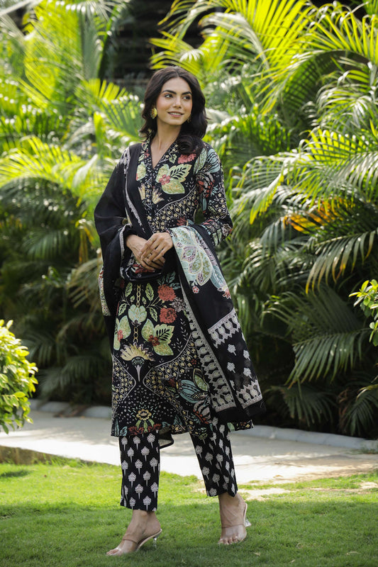Black Floral Printed Cotton Kurta Set with Dupatta & Pants