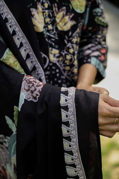 Black Floral Printed Cotton Kurta Set with Dupatta & Pants
