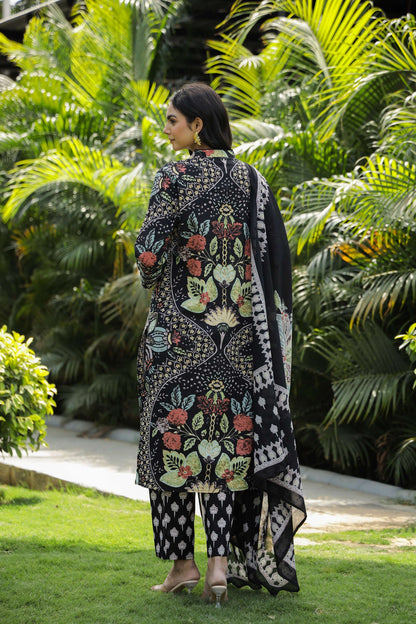 Black Floral Printed Cotton Kurta Set with Dupatta & Pants