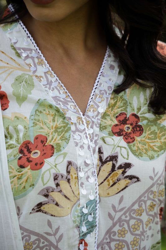 White Floral Printed Cotton Kurta Set with Dupatta & Pants