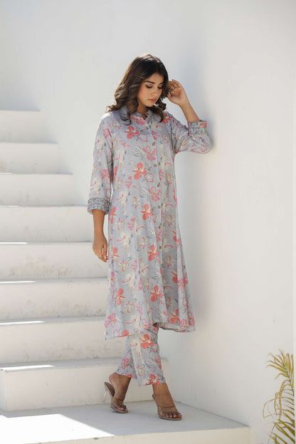Grey Floral Printed Cotton Kurta Set with Pants